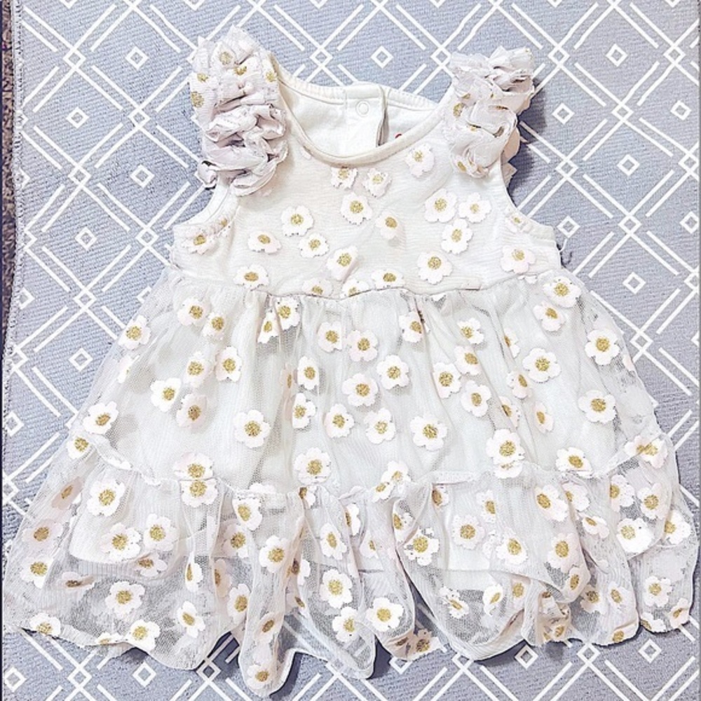 🔴6/$26🔴 Baby Girl Formal Sunflower Gold Glitter & Sheer Ruffled Dress